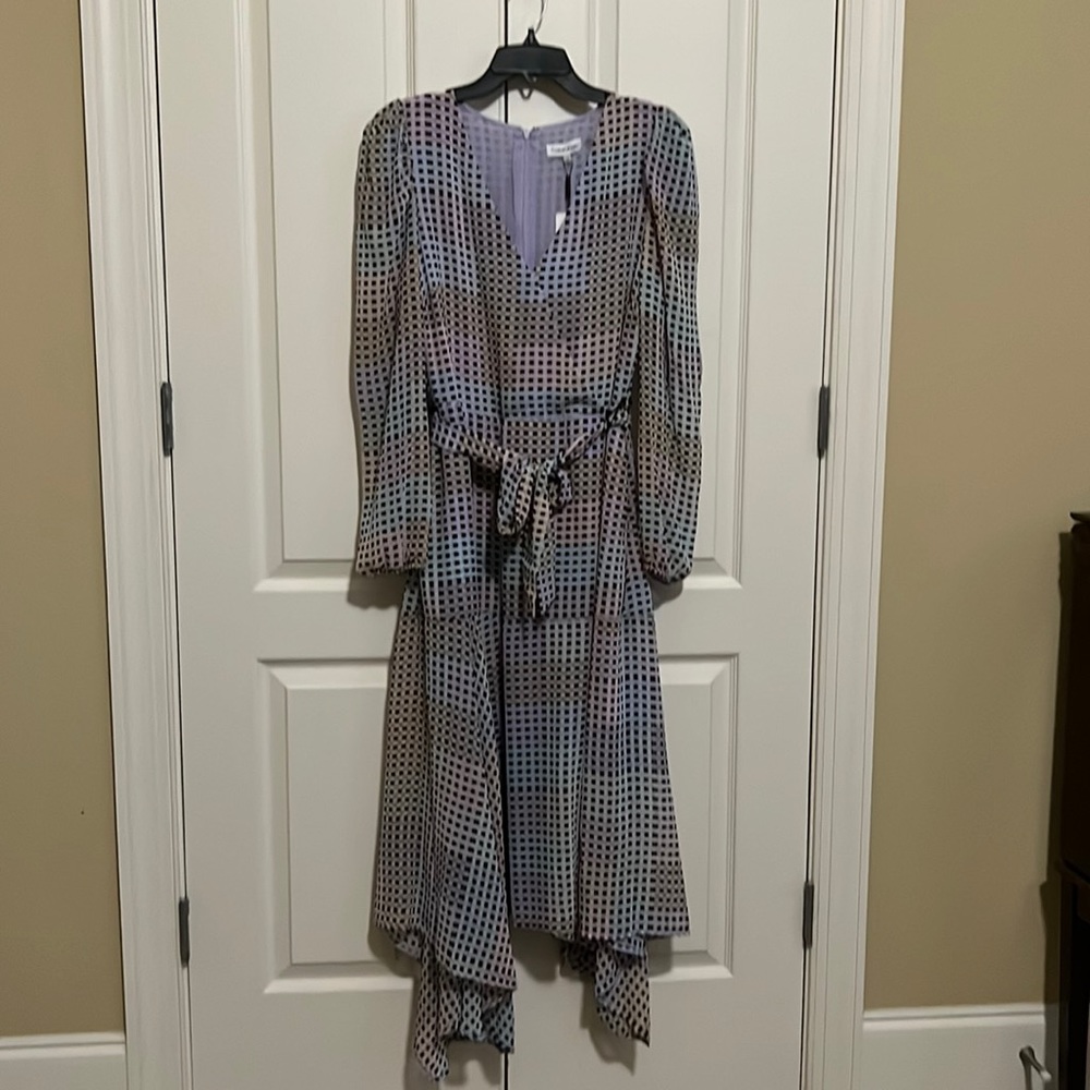 A great spring dress with a v-neck and sheer sleeves.
